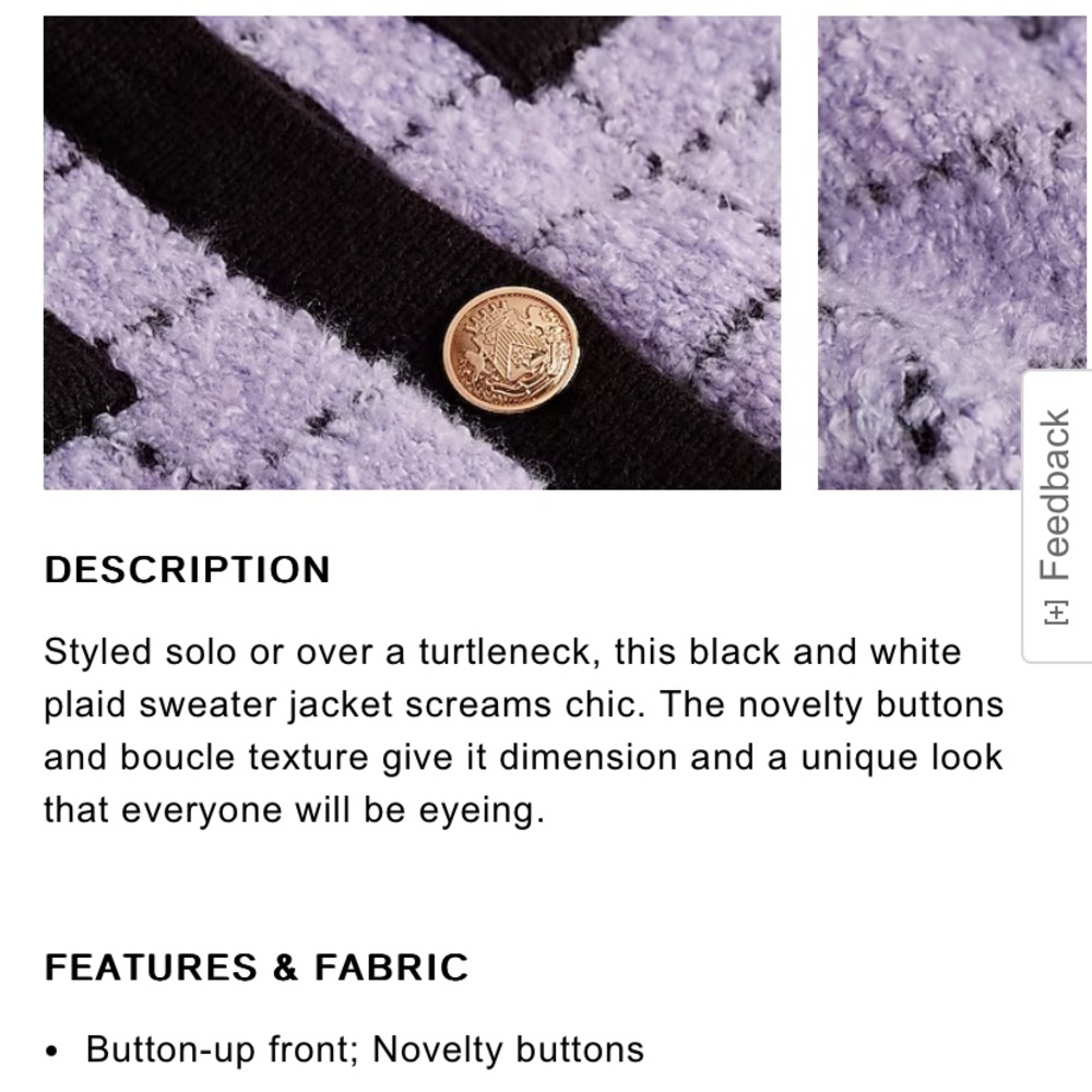 “Express” Chic plaid white/black sweater jacket with novelty buttons; XS; NWOT - Picture 9 of 13